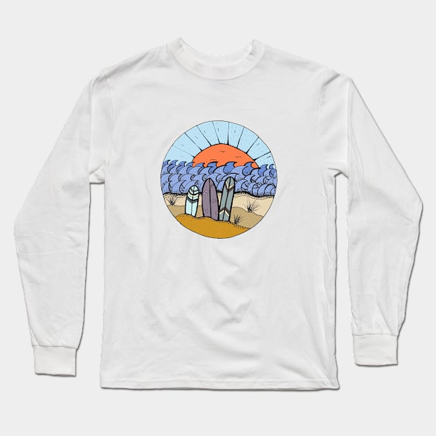 Surfboards at the Beach Ink Illustration with digital paints Long Sleeve T-Shirt by Sandraartist